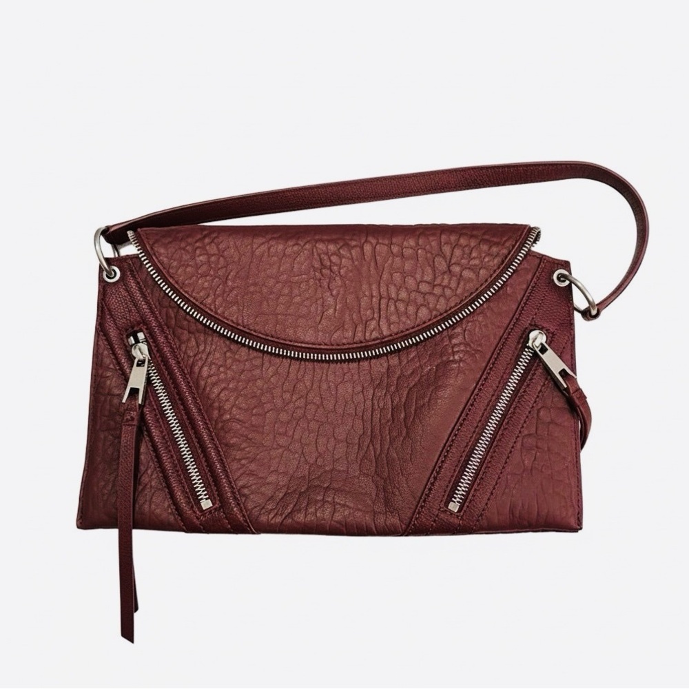 Vince Camuto Textured Wine Crossbody Shoulder Bag with Silver Zippers